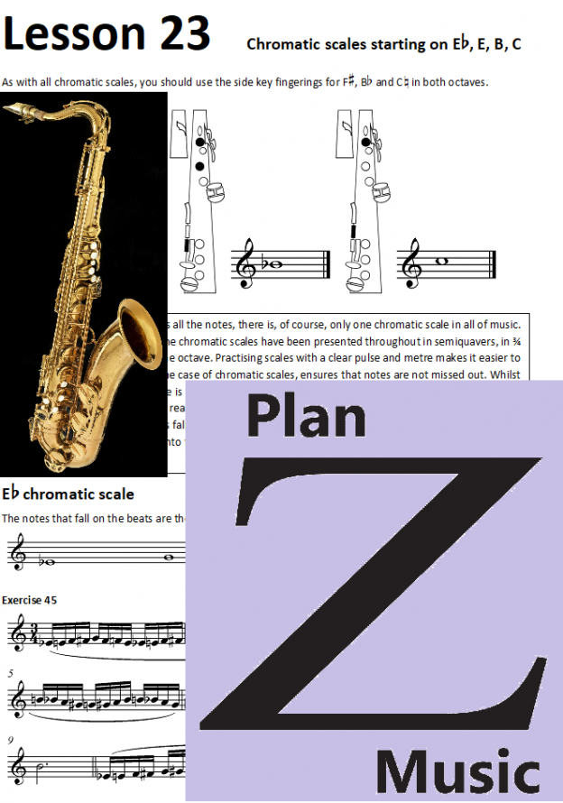 Saxophone Lesson 23 Chromatic scales starting on Eb, E, B, C Plan Z